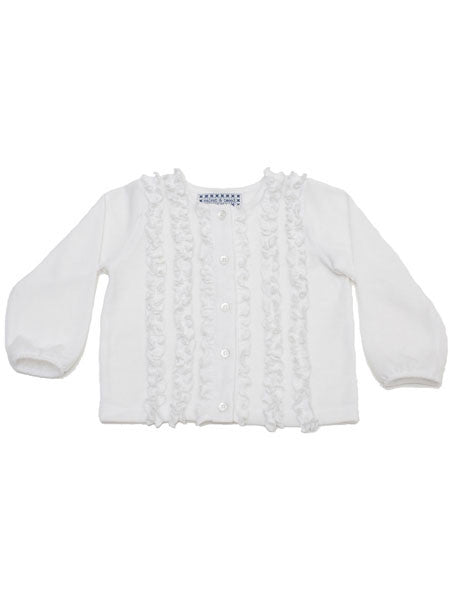 White ivory cardigan sweater. Vertical ruffles on front of sweater, white buttons.