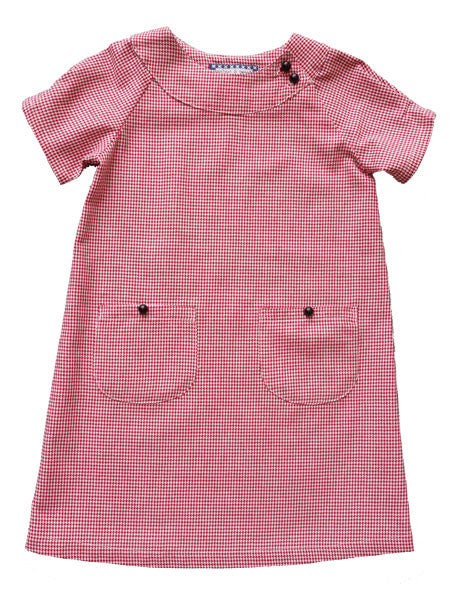 Red and ivory houndstooth toddler and girls dress. short sleeves with two front pockets, black round button accents.