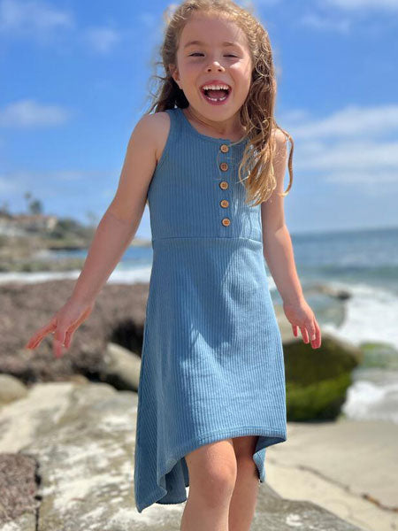 Blue jersey girls tank style summer dress. High low hem, wood decorative buttons.
