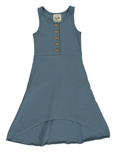 Blue jersey girls tank style summer dress. High low hem, wood decorative buttons.