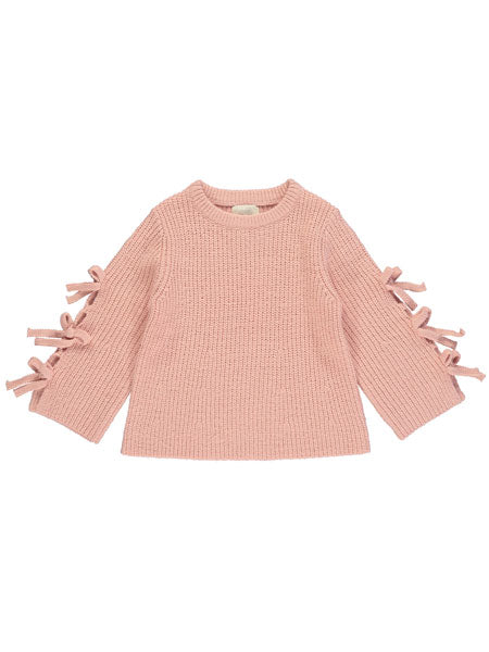 Pink knit crew neck sweater for girls. Three ties on sleeve outer side.