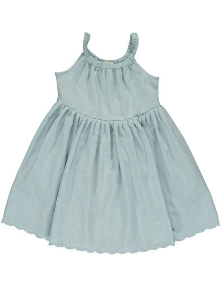 Light bue girls summer cotton dress. High waist with full shirt and scalloped edge hem.