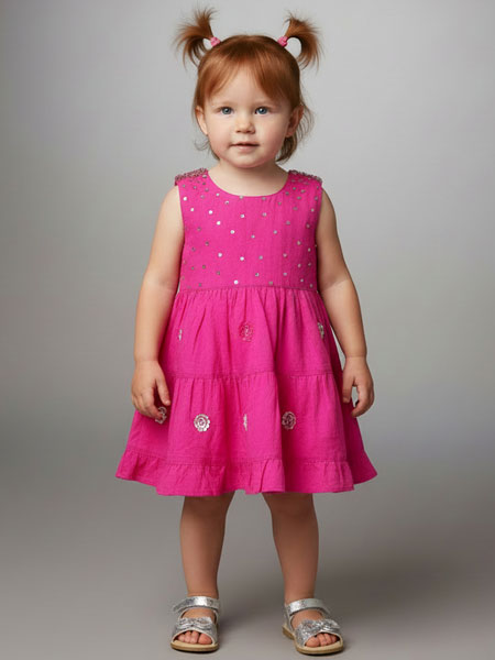 Young girl wearing a pink dress with a plain background