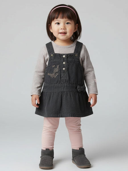 Child wearing a black pinafore dress over a striped shirt with pink leggings and shoes on a light gray background
