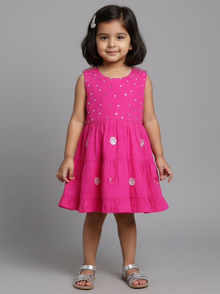 Young girl wearing a pink dress with white patterns on a gray background