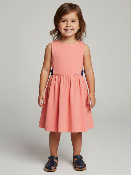 Young girl wearing a pink dress on a plain background