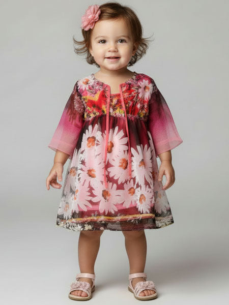 Child wearing a floral dress with a plain background