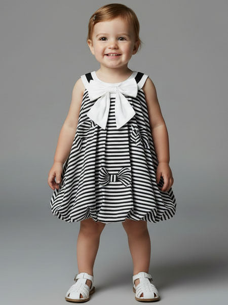 Child wearing a black and white striped dress with a bow on a gray background