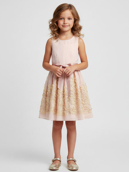 Young girl wearing a light pink dress with a ruffled skirt on a white background