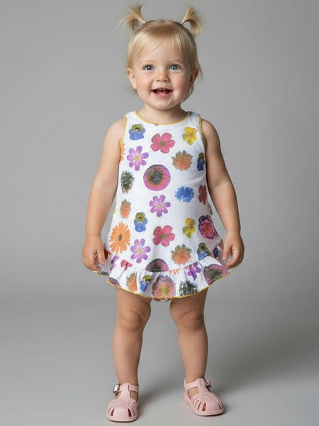 Child wearing a floral romper dress on a plain background