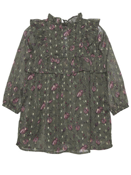 Back view of the elegant dress of floral pattern on dark olive. Mock ruffled neck and accent ruffles at the shoulders. For toddler and little girls by Creamie.
