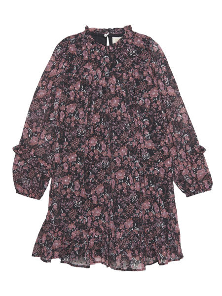 A-line silhouette girls party dress. Black floral print. Small ruffled hem. The brand is Creamie.