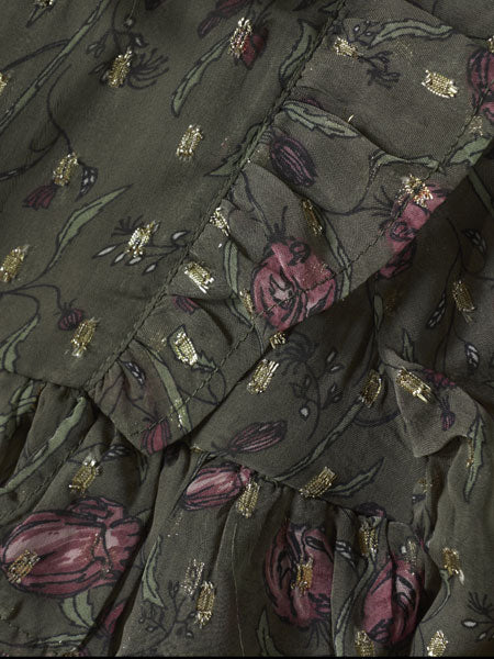 Detail, enlarged view of the fabric for Elegant dress of floral pattern on dark olive. Mock ruffled neck and accent ruffles at the shoulders. For toddler and little girls by Creamie.