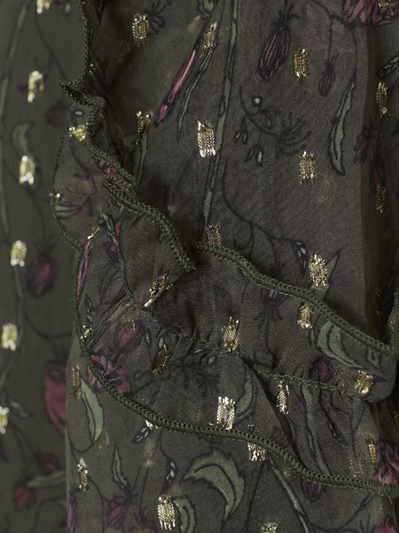 Enlarged detail of the fabric for Elegant girls dress of floral pattern on dark olive. The brand is Creamie.