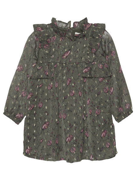 Elegant dress of floral pattern on dark olive.  Mock ruffled neck and accent ruffles at the shoulders. For toddler and little  girls by Creamie.