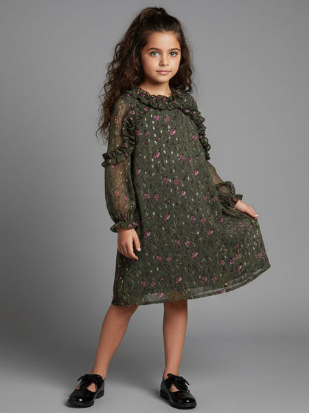 Young girl wearing a green floral dress against a gray background