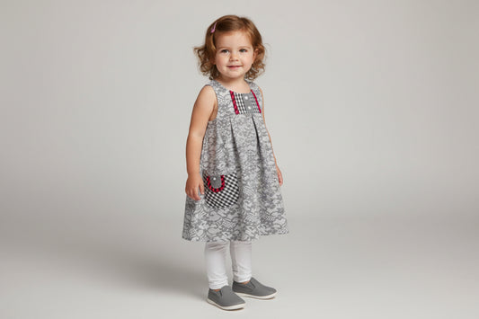 Young girl wearing a patterned dress on a plain background