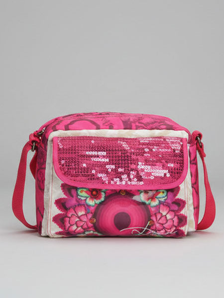 Pink floral-patterned bag with sequin pocket on a gray background