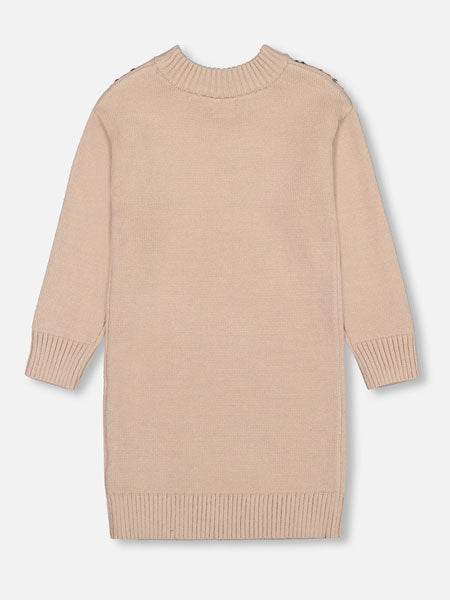 Back view of pullover style girls sweater dress. Beige with