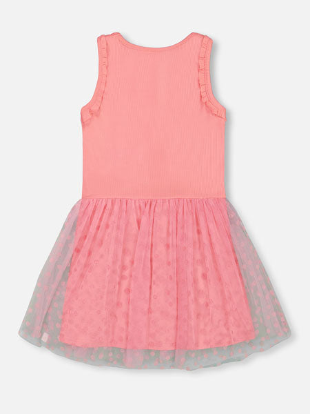 Back view of the Deux Par Deux shiny ribbed pink girls dress with mesh flocked flowers on tulle overlay skirt. Sleeveless tank style top of dress.