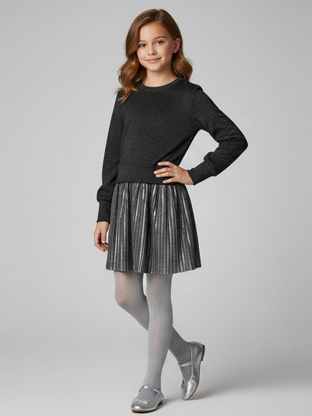 Deux par Deux Bi-Material Dress Light Velvet and Lame Fabric in Charcoal Girls 5-12