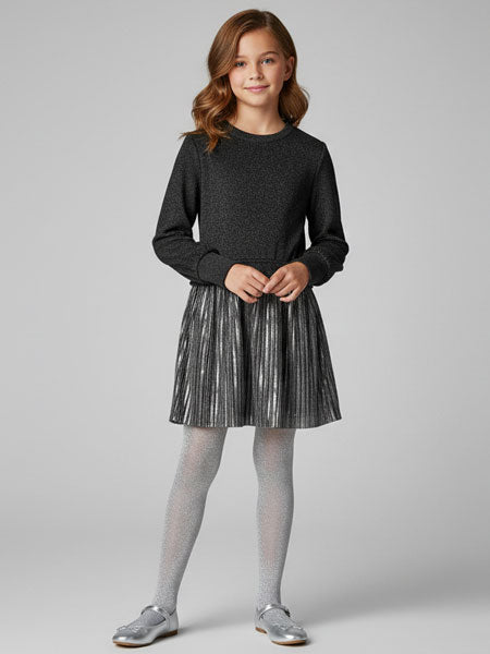 Deux par Deux Bi-Material Dress Light Velvet and Lame Fabric in Charcoal Girls 5-12