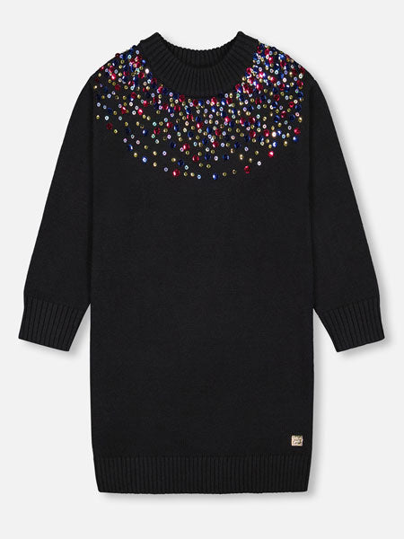 Pullover style girls sweater dress. Black with gold and multi colored sequins.