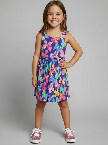 Young girl wearing a colorful floral dress on a gray background