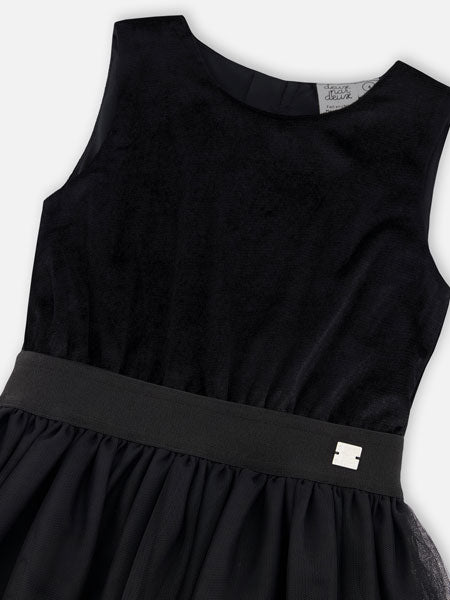 Detail view of girls fit and flare black sleeveless party dress by Deux Par Deux. Tulle skirt with soft velvet bodice.