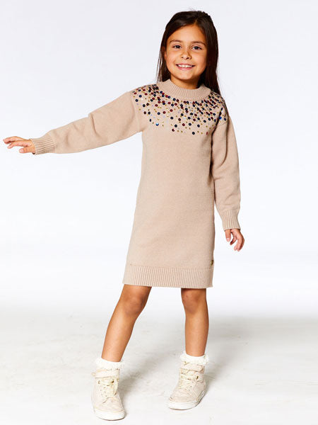 Pullover style girls sweater dress. Beige with