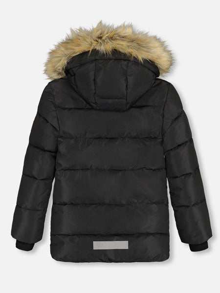Back view of girls black puffy jacket with horizontal quilting, a front zipper with a covered placket, and front pockets with zippers.