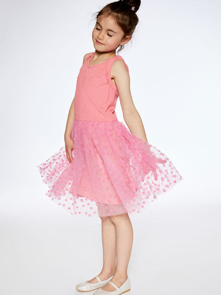 Girl in Deux Par Deux shiny ribbed pink girls dress with mesh flocked flowers on tulle overlay skirt. Sleeveless tank style top of dress.