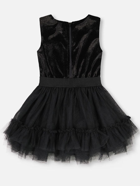 Back View of  girls fit and flare black sleeveless party dress by Deux Par Deux. Tulle skirt with soft velvet bodice.
