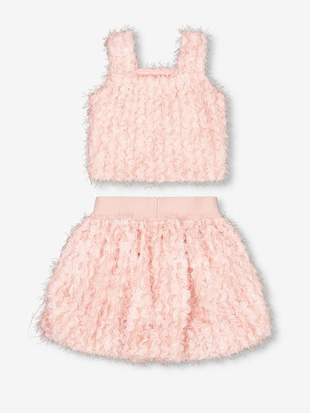 Back view of  a pretty pink two piece set features a sleeveless top with wide straps, a square neckline, and a matching bubble skirt with a stretch elastic waistband. By Deux Par Deux.
