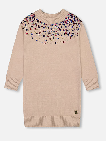 Pullover style girls sweater dress. Beige with gold and multi colored sequins.