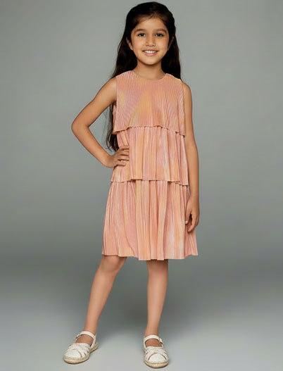 Young girl wearing a peach-colored dress against a gray background
