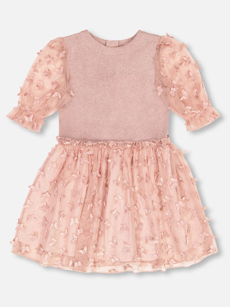 Rose pink girls party dress by Deux Par Deux. Short sleeve velvet bodice with sheer puffed sleeves, a round neckline, and an elastic waist flared A-line skirt covered in butterfly appliques.