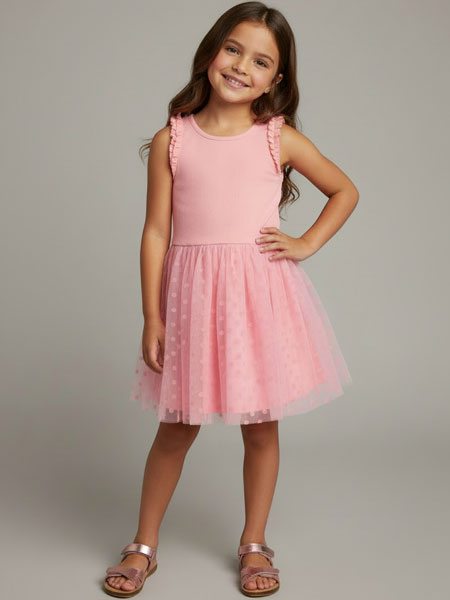 Young girl wearing a pink dress against a gray background