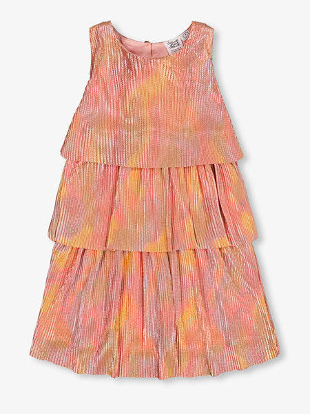 Girls metallic rainbow print, this pleated party dress features a sleeveless bodice with wide straps, a round neckline, and three separate tiers.  By Deux Par Deux.