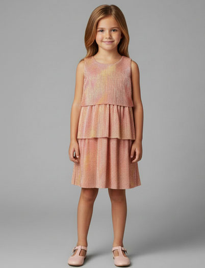 Young girl wearing a layered dress with a neutral background