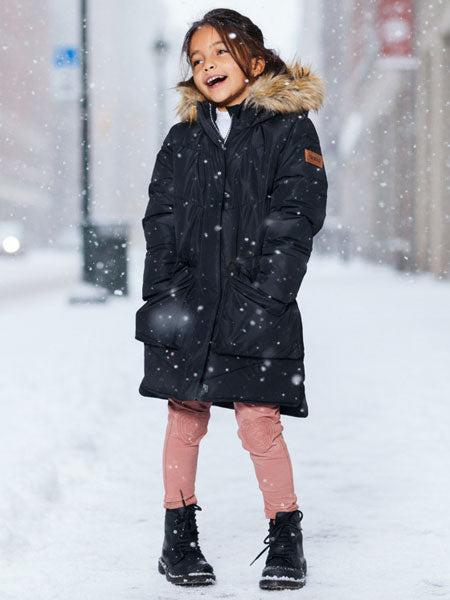 Deux Par Deux Puffy Long Coat Black Girls 6-14