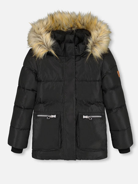 Girls black puffy jacket with horizontal quilting, a front zipper with a covered placket, and front pockets with zippers.