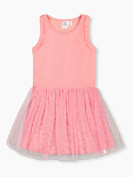 Deux Par Deux shiny ribbed pink girls dress with mesh  flocked  flowers on tulle overlay skirt. Sleeveless tank style top of dress.