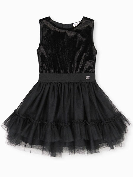 Girls fit and flare black sleeveless party dress by Deux Par Deux. Tulle skirt with  soft velvet bodice.