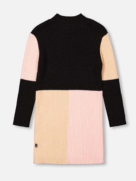 Color block knitted girls sweater dress in pink, beige and black. Contemporary style by Deux Par Deux.
