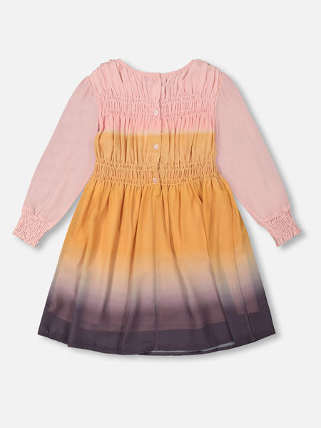 Deux par Deux Gradient Chiffon Dress With Smocking Pink And Gold