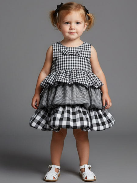 Young girl wearing a black and white checkered dress on a gray background
