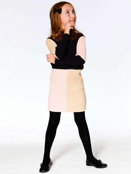 Color block knitted girls sweater dress in pink, beige and black. Contemporary style by Deux Par Deux.