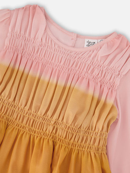 Deux par Deux Gradient Chiffon Dress With Smocking Pink And Gold