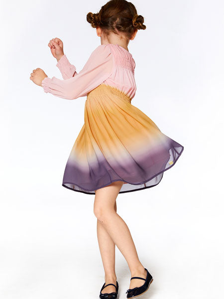 Gradient Chiffon dress, A-line silhouette. In soft poly chiffon fabric, long puffed sleeves with smocked elastic cuffs, elastic smocking across the bodice, and a round neckline.
